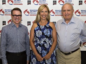 Lance Vipond (left), Jo-Ann Rizzo and Jim Papai Jr. were inducted into the Brantford and Area Sports Hall of Recognition at a gala on Wednesday, (Brian Thompson/The Expositor)