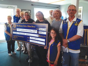 Photo by KELLY JAMES/FOR THE STANDARD
The First Blind River Sparks, Brownies, Guides and Pathfinders were on hand to accept a cheque for $1,000 from the Rotary Club of Blind River as the major beneficiaries of the 28th Annual Rotary John Menard - AJ Shamas Memorial Golf Tournament held on May 26 at Huron Pines Golf & Country Club. The money will help the local youth groups to attend numerous camps and activities.