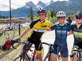 From left, Canmore’s Brittany Webster with RMCC placed third, Kara Lilly won first place and Sarah MacArthur was second in the women’s 1/2/3 mass start 19.2 kilometre downtown criterium race on Seventh Avenue on Saturday. The event was part of the Rundle Mountain Cycling Club Stage Race held on the weekend. More photos from Saturday’s racing online at thecragandcanyon.ca.