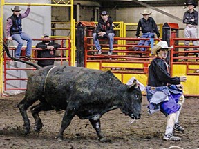 J.C. Charyk student Walker Hutton is making his way to Nationals in Rock Springs, Wyoming after ending up season leader in the steer wrestling event. That, and bullfighting, picured here, are his two favourite events.