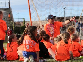 Colin Doyle, 2005 National Lacrosse League MVP and three-time NLL playoff MVP, coaches the Learn2Play program during the Owen Sound NorthStars Girls' Field Lacrosse Toronto Rock Night on Wednesday. Doyle has been involved with the NorthStars program since 2013. Greg Cowan/The Sun Times