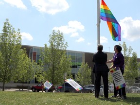Mayor Rod Frank, Strathcona-Sherwood Park MLA Estefania Cortes-Vargas, and altView executive director Bryan Mortensen raise the pride flag in Centre in the Park on June 8 in Strathcona County.

Taylor Braat/News Staff