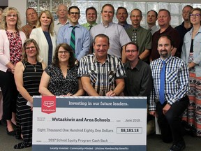 Wetaskiwin CO-OP general manger Allan Halter (front row centre) presented WRPS principals with equity cheques for their schools last week after the first year of CO-OP’s School Equity program. (Christina Max/Wetaskiwin Times)