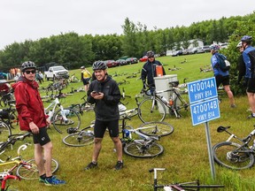 Cyclists dumped their bikes on the lawn of the Wetaskiwin Seventh-Day Adventist Church, just north of the city, as they stopped for lunch on the second day of the Johnson MS Bike Tour July 10. (Sarah O. Swenson/Wetaskiwin Times)