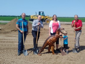 Project manager Joe Klassen, co-owners Chris and Dana MacPherson, mayor Ken Wiebe and Sharpie broke ground on the upcoming indoor play centre Sharptooth Adventures on June 6. (REG BRAUN)