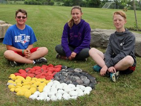 BRUCE BELL/THE INTELLIGENCER
Holy Name of Mary Catholic School Grade 8 students (from left) Andrew McCambridge, Jenna Patterson and Aaron McCambridge spend a minute at the medicine wheel in the new outdoor Indigenous Learning Centre at the Marysville school.
