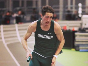 Jonathan Besselink of Kingston runs a leg of a 4-x800-metre relay for the Wagner Seahawks during the NCAA track and field season.