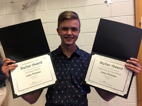 Grade 10 student and local musician Jesse McIsaac holds up his Entertainer Award and the Leadership of the Crew awards.
SUPPLIED/GRACE PROTOPAPAS DUNFORD