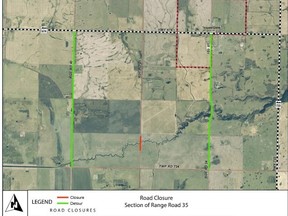 PHOTO SUPPLIED 
Effective Monday, June 18, the bridge located on Range Road 35 between Highway 674 and Township Road 734 will be closed for bridge culvert replacement until early August.