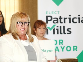 Former Sudbury publisher Patricia Mills announced she was running for mayor of Greater Sudbury at a press conference at the Italian Club in Copper Cliff on Thursday. John Lappa/Sudbury Star/Postmedia Network