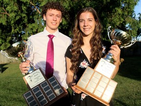 Alec McGregor, left, of McGregor and Lauren Edwards of Ridgetown win the Dr. Jack Parry Awards during the 25th annual ceremony at the Ursuline College Chatham theatre in Chatham, Ont., on Thursday, June 14, 2018. (MARK MALONE/Chatham Daily News/Postmedia Network)