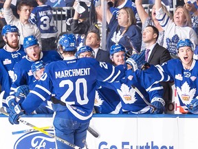 Toronto Marlies teammates congratulate Mason Marchment, son of former Belleville Bulls defenceman Bryan Marchment, after one of his two goals in Game 7 of the Calder Cup final Thursday night at Ricoh Coliseum. (Toronto Marlies photo)