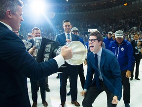 Toronto Marlies and Maple Leafs GM Kyle Dubas reacts after winning the AHL Calder Cup championship against the Texas Stars in Toronto on Thursday. THE CANADIAN PRESS/Nathan Denette
