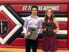 Jayson Lebel and Chelsea Henderson were named Senior Male and Female Athletes of the Year at the St. Thomas Aquinas athletic banquet in Kenora on June 14. 
RYAN STELTER/DAILY MINER AND NEWS