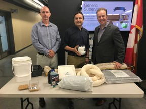 Supplied photo Steve Fava (left), Dr. Dennis Reich and Paul Lefebvre demonstrate the ActivatedWhite Portable Water Filtration System.