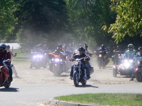 Motorcycles leave from the starting point of the Ride for Dad in North Bay Saturday. CHRISTIAN PAAS-LANG / THE NUGGET