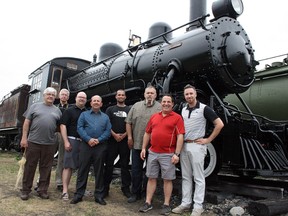 The Northern Ontario Railroad Museum and Heritage Centre unveiled the restored steam locomotive No. 219 in Capreol, Ont. on Saturday, June 16, 2018. Pictured from left are Frank Madigan, Dale Wilson, Ward 7 Coun. Mike Jakubo, railroad museum president Brian Yensen, Derick Lingenfelter and Ritchie Castonguay from Mind over Metal Restorations, Nickel Belt MP Marc Serre and railroad museum operations manager Cody Cacciotti. Ben Leeson/The Sudbury Star/Postmedia Network