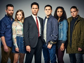Patrick Gilmore as David, Mackenzie Porter as Marcy,  Eric McCormack as Grant MacLaren, Jared Paul Abrahamson as Trevor, Nesta Marlee Cooper as Carly, and Reilly Dolman as Philip in Travelers.