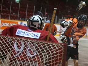 Owen Sound Minor Lacrosse players and bench staff will receive free admission to the Owen Sound NorthStars Senior B playoff home opener on Sunday as part of Minor Lacrosse Day. Pictured: Midget N'Star Joel Coghlin scores during the Owen Sound Minor Lacrosse Father's Day Weekend tournament earlier this summer. Greg Cowan/The Sun Times.