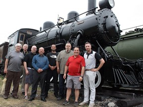 The Northern Ontario Railroad Museum and Heritage Centre unveiled the restored steam locomotive No. 219 in Capreol on Saturday. Pictured from left are Frank Madigan, Dale Wilson, Ward 7 Coun. Mike Jakubo, railroad museum president Brian Yensen, Derick Lingenfelter and Ritchie Castonguay from Mind over Metal Restorations, Nickel Belt MP Marc Serre and railroad museum operations manager Cody Cacciotti.(Ben Leeson/Sudbury Star)