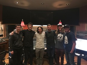 Left to right: Liam Morley (Jazz Cubed A/V Assistant), Ben Luelo (Saxophone), Joshua LeBlanc-Demers (Drums), Mat Lejeune (Audio Engineer), Karsten Stryker (Guitar), Josh Geddis (Music Teacher). Photo taken in the main studio at The Chicago Recording Company. (Contributed photo)