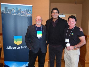 Three former Progressive Conservative MLAs pose next to the Alberta Party banner in November 2017, including Dave Quest (far right) — a former Strathcona-Sherwood Park MLA looking to get back into politics. Left to right: Ron Casey, Stephen Khan and Quest.

Graham Thomson/Postmedia Network