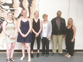 This year saw four recipients named for the 2018 Namand Payne Memorial Scholarship. The winners were Payton May, Nadia van Bruinessen, Jolene Vlieg and Derek Parker. (L-r) May, van Bruinessen and Vlieg were joined by Scholarship Committee members Betty Payne, Danny Payne and Gina Payne for a photo. Parker was not available for the photo. (Submitted)
