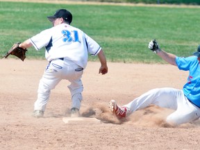 Mitchell native Scott Lealess (5) of the Elmira Expos slides safely into second base during action Sunday morning, June 17 against Waterdown Hammer, part of the 24-team International Softball Congress (ISC) qualifying tournament held in Mitchell’s Keterson Park. ANDY BADER/MITCHELL ADVOCATE