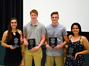 Among athletes honoured at St. John's College's annual athletic awards banquet are Kaitlyn Overeem (left)), Thomas Coon, Ryan Speight and Delaney Garlow. (Submitted Photo)