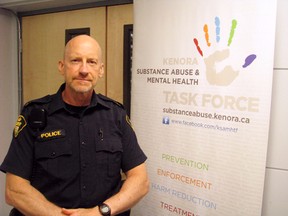 Const. Bob Bernie of the Kenora detachment OPP during the crystal methamphetamine community forum, which drew a full house to the Seven Generations Education Institute's event centre on Monday, June 18.
Ryan Stelter/Daily Miner and News