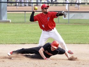 Shortstop Jamie Wicke of the Shakespeare Falcons makes the turn at second base on the front end of a double play attempt against The Lakes from Fenelon Falls during action Saturday from the 24-team International Softball Congress qualifying tournament in Mitchell. Fenelon Falls upset the Falcons, 5-2. Thirty-seven teams in three age divisions were a part of the tournament. (ANDY BADER/POSTMEDIA NETWORK)