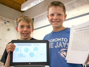 Zorra Highland Park public school students Riley Vording and Camden Munro tackle the local issue of a proposed dump in Beachville using science and electricity.