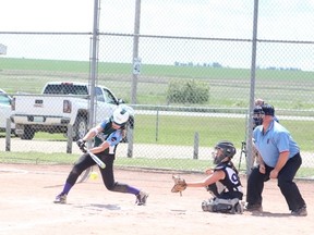 A player from the U14 Melfort Spirit made contact during their playoff game with the Regina Royals on Sunday, June 17 at Spruce Haven during the 222s Fastpitch Shootout.
