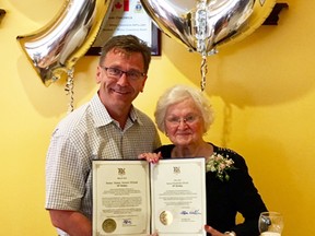 Anne Elliott, of Oliphant, received congratulations and a Certificate of Recognition on her 90th birthday from Bill Walker, MPP for Bruce-Grey-Owen Sound, at the Main Street Diner in Sauble Beach on May 26. Submitted photo