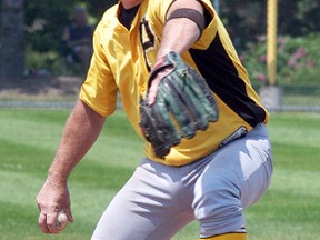 Port Lambton Pirates pitcher Brian Reid pitches in the Port Lambton senior men's baseball tournament held on the weekend at VanDamme Park. The Pirates went 5-0 to win the championship.