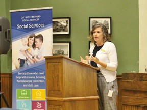 Jeneane Fast, the city’s housing stability policy and program co-ordinator, presents preliminary findings from this year’s homelessness enumeration on Tuesday, June 19, 2018 in Stratford, Ont. (Terry Bridge/Stratford Beacon Herald)
