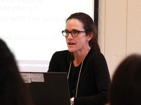Rita Samson, public education and outreach officer for the Ontario Human Rights Commission, discussed human rights and family status at an event in the McIntyre Community Building on Tuesday.
