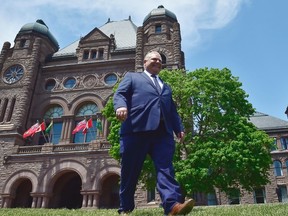 Ontario premier-elect Doug Ford walks out onto the front lawn of the Ontario Legislature at Queen's Park in Toronto on Friday, June 8, 2018. THE CANADIAN PRESS/Frank Gunn