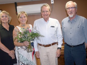 The 65th annual South Huron Hospital Association meeting was held June 14 and those in attendance learned the hospital realized a surplus for the most recent fiscal year. The meeting was also one of change as it marked the last meeting as board chair for Christina Godbolt, second from left. Tribute was also paid to Dr. Liam O’Connor, far right, who is retiring after 47 years of practicing in the area. Pictured from left are incoming board chair Aileen Knip, Godbolt, Dr. Peter Englert and O’Connor. (Scott Nixon/Exeter Lakeshore Times-Advance)