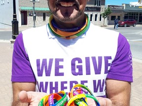 Kincardine Pride president Fort Papalia shows off the rainbow bracelets being handed out to supporters with a message the June 23, 2018 event is a 'Celebration of All People'. (Troy Patterson/Kincardine News and Lucknow Sentinel)