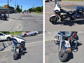 Damage to a Kingston Police motorcycle after a pick up was driven through a red light Tuesday morning. Supplied photo