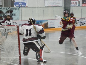 The Silvertips' Matt McKee makes an attempt at a goal on the Mountaineers at the Spray Lakes Sports Centre on Friday, June 15