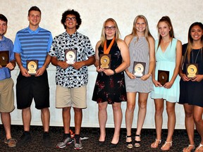 Among athletes honoured at North Park Collegiate's annual athletic awards banquet are Jackson Kingshott (left), Ethan Andrew, Tariq Hamed, Rachel White-Stephenson, Amber Leggett, Avery Kettlewell and Charyssa Advincula. (Submitted Photo)