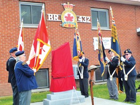 Photo by LESLIE KNIBBS/FOR THE STANDARD
The Legion’s honor guard at attention before unveiling and rededication of the cenotaph.