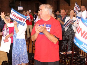 Chatham mayoral candidate Darrin Canniff is greeted by supporters as he makes his way to the stage during his campaign launch party in Chatham, Ont., on Wednesday, June 20, 2018. (ELLWOOD SHREVE/Chatham Daily News/Postmedia Network)