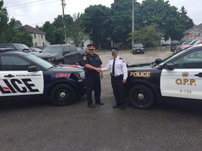 Woodstock Police Chief Bill Renton, left, and Oxford OPP Inspector Tony Hymers announced the start of Operation Zero, a traffic initiative that combines both forces. (HEATHER RIVERS/SENTINEL-REVIEW)