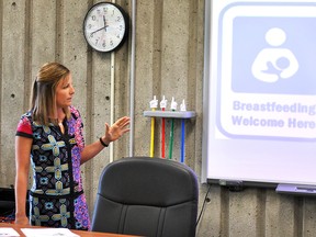 Marnie Van Vlymen, program manager of infant and child health at the Chatham-Kent Public Health Unit, gives a presentation on the Baby Friendly Initiative during a Chatham-Kent Board of Health meeting Wednesday, June 20, 2018. (Tom Morrison/Postmedia Network)