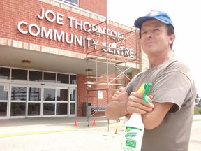 With the former Timken arena now renamed for hometown hockey hero Joe Thornton, Rad Zovko, of RSZ Construction was filling holes in brickwork left from old signage. The arena is to be re-dedicated Saturday. And Thornton is in St. Thomas Friday for a STEGH Foundation and STEAM Education Centre fundraiser. (Eric Bunnell)