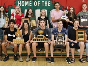 Stratford Central major athletic award winners, front row from left: Ethan Gebremicael (Male Athlete of the Year), Simon West (Principal's Trophy), Abby Vancea (Principal's Trophy), Daniel McCutcheon (Ian Garner Trophy), Carter Bott (Bud Dixon Memorial Award), Jackson Martin (Grant Hernden Award), Ashlynn Gilhula (Alan Slater Memorial Award). Back row from left: Joshua Zelek (Fern Ladouceur Award and Golden Boot Award), Vanessa Ortelli (Female Athlete of the Year), Julia Cressman (C.W. Faust Trophy), Micaela Vancea (Diane Hernden Award and Cassie Williams Golden Cleat Award), Jessica Eidt (Heather Jesson Trophy), Danny Pacheco (Murray McKellar Trophy), Katie Berg (Murray McKellar Trophy), Evan Dowd (Ron Hall Sportsmanship Award), Ben Elliot Memorial Trophy (Sam Crerar). Absent: Jenna Akroid Snyder (Diane Hernden Award), Brad Kraemer (Geoff Neigh Trophy). (Cory Smith/The Beacon Herald)