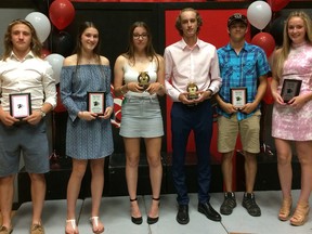 Among the athletes honoured at Paris District High School's annual athletic awards banquet are Nic Mahlman (left), Kate Sitak, Rachel Woods, Ethan Beach, Zane Szentimrey and Jourdyn Forsyth. (Submitted Photo)